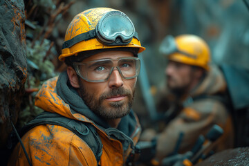 A man in a yellow helmet and goggles is standing in front of a rock