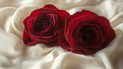 Two red roses on silky white fabric.