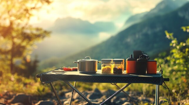 Mountaintop camping meal prep sunset view