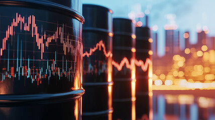 Oil barrels with financial graph overlay in cityscape background
