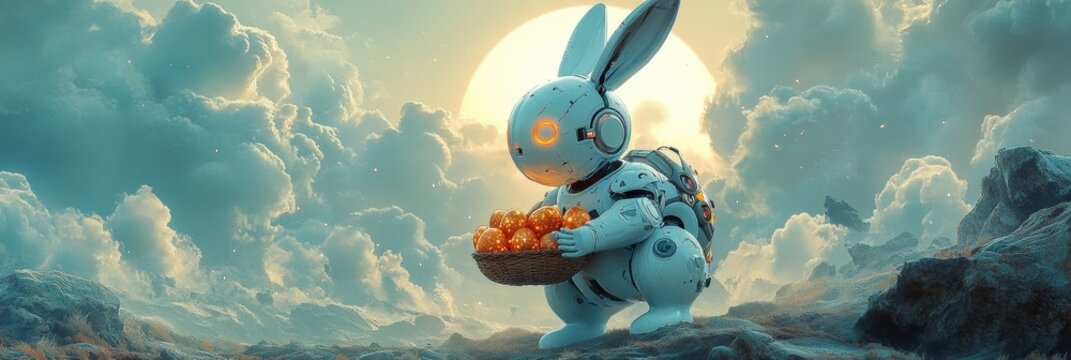 Futuristic Robotic Easter Bunny on Alien Terrain with Glowing Eggs Basket