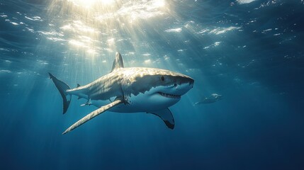 Obraz premium Great white shark and sun rays