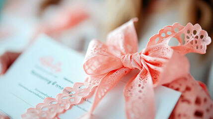 Naklejka premium Close-up of a Peach Lace Ribbon Bow on Invitation