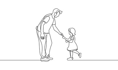Father with Daughter One Line Vector Illustration. Continuous Single Line Drawing of Daddy Playing with Child. Happy Father`s Day Card with Hand Drawn Contour Silhouette Outline Style