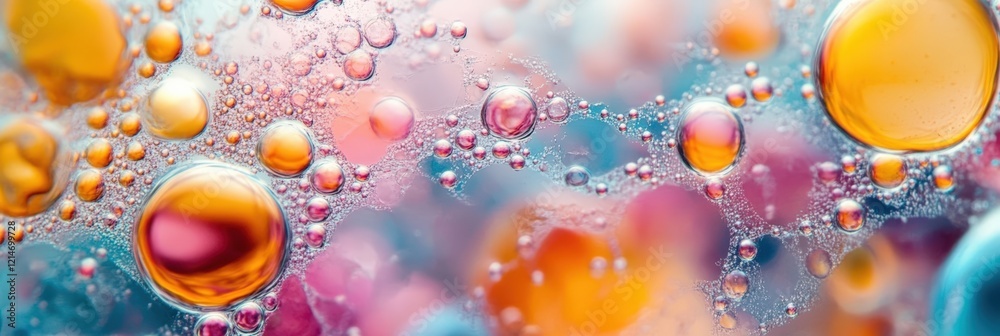 Poster abstract macro image of colorful bubbles and droplets captured under a microscope, showcasing vibran