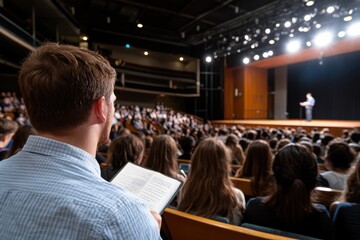 A focused audience listens intently to a speaker on stage, capturing a moment of engagement and knowledge-sharing in a captivating lecture setting.
