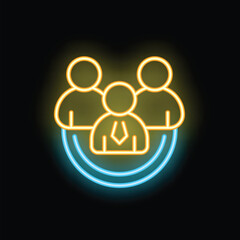 Bright neon icon of a business team working together in an office setting, symbolizing teamwork and collaboration