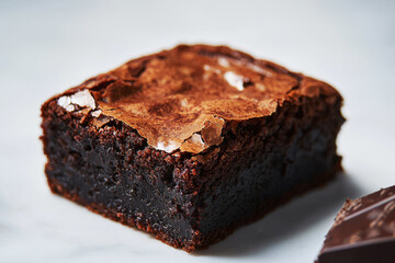 Indulgent chocolate brownie with glossy top and fudgy interior on clean background