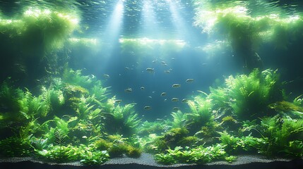 Obraz premium Underwater aquarium scene, lush plants, sunbeams, fish, peaceful
