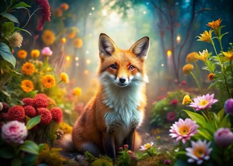 Fototapeta premium Surreal Red Fox in Garden: Magical Wildlife Encounter