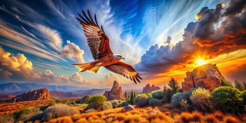 Surreal Red Kite Soaring Above Dreamlike Landscape