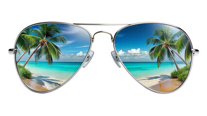sunglasses with a reflection of a tropical beach, transparent background
