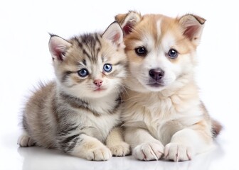 Adorable Scottish Kitten and Siberian Husky Puppy - Vintage Photo