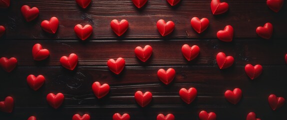 Red hearts on dark wood background with copy space