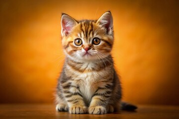 Obraz premium Adorable Scottish Straight Bi-Color Tabby Kitten Posing Against Warm Orange Background - Low Light Photography