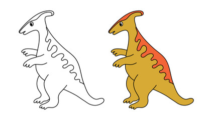 Cute yellow dinosaur character. Editable stroke. Coloring page template. Design element for print, greeting card, invitation, book. Isolated vector illustration