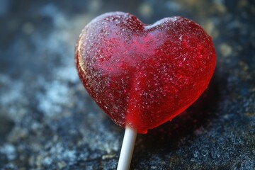 A colorful heart-shaped lollipop sits atop a natural rock formation, perfect for adding a playful touch to your design