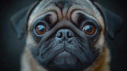 Close-up portrait of a cute pug dog's face, with big brown eyes and a wrinkled nose