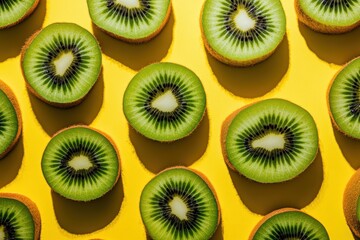Fototapeta premium Fresh kiwi fruit slices pattern on bright yellow background for vibrant summer concept