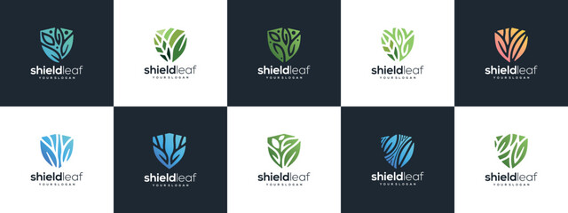 Collection of nature security shield logo designs. Vector icon set of shield logo design with nature leaves.