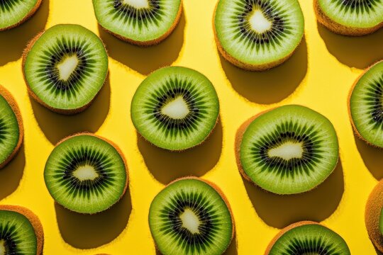Fresh kiwi fruit slices pattern on bright yellow background for vibrant summer concept