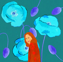 Ilustracja młoda kobieta rude włosy na tle dużych kwiatów niebieskie maki. Hand made drawing. © Monika