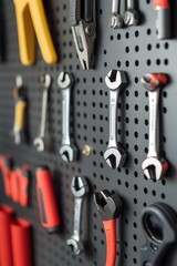 Fototapeta premium A collection of various tools and equipment hanging on a wall, possibly in a workshop or garage