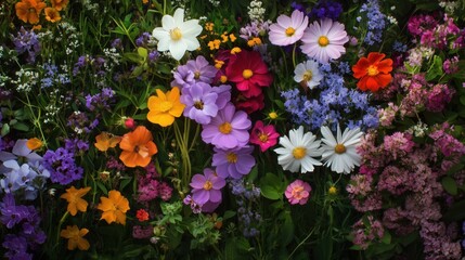 Obraz premium A lively mix of wildflowers bursts with color, showcasing vibrant yellows, purples, reds, and blues in a natural harmony.