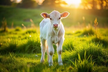 Obraz premium Adorable White Ardennes Calf Grazing in Lush Green Pasture - Copy Space
