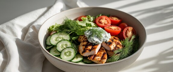 A bowl filled with chicken cucumbers tomatoes and dill sauce