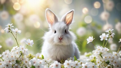 Adorable White Easter Bunny with Spring Flowers, High-Resolution Stock Photo
