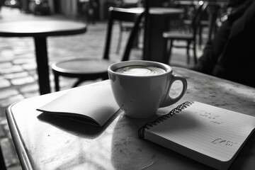 Cold cup of coffee rests on a table in an empty cafe near an open notebook and a single chair
