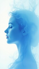 A serene mental health portrait with calming blue tones, abstract lines and soft lighting