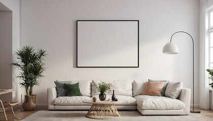 Living room blank empty frames,mock up poster frame in modern interior background, living room, Scandinavian style, 3D render, 