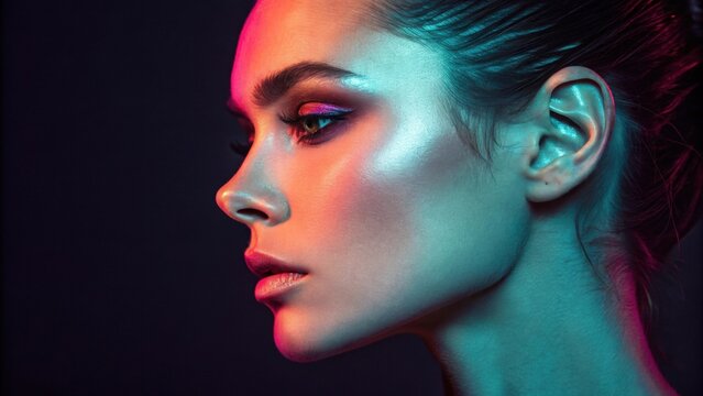 A captivating profile image showcases a welldefined cheekbone accentuated by a vibrant neon highlight that adds depth and dimension while the rest of the face recedes into soft