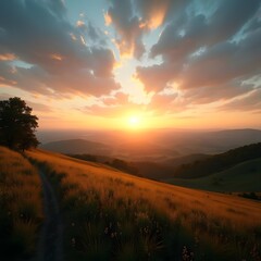 Obraz premium Majestic Sunrise Capturing the Boundless Beauty of Countryside Dawn