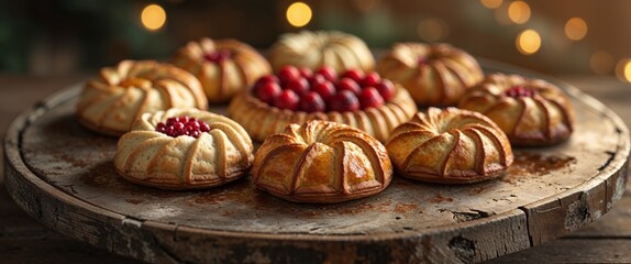 Rustic Holiday Pastries on Wooden Platter with Warm Lighting.