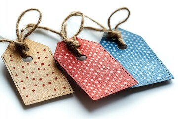 A collection of three tags hanging from a string on a white surface, great for decoration or identification purposes