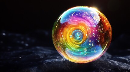 Rainbow glass sphere swirls dark background.