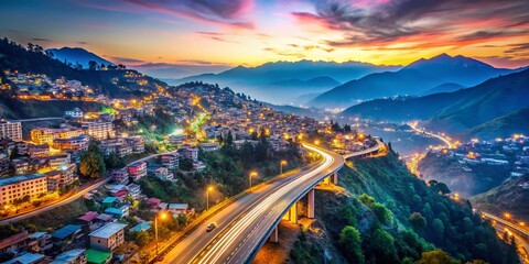 Fototapeta premium Aerial Bokeh View of Solan City & Himalayan Expressway, Himachal Pradesh, India
