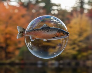 Fish swimming inside a soap bubble outdoors.