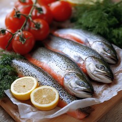 Fresh fish with tomatoes and lemon on a board.