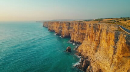 Majestic coastal cliffs overlooking expansive ocean waters in aerial view