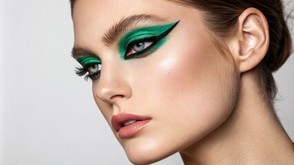 Fototapeta premium A dramatic portrait of a model with vibrant emerald green eyeshadow that has been blended into a darker shade along the crease. The eyes are accentuated with exaggerated winged