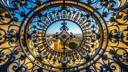 Aerial Drone Shot: Baroque Style Black Wrought Iron Circular Frame