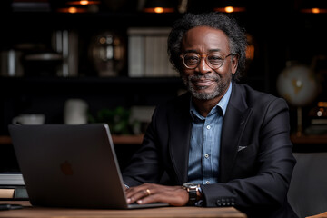 A man is sitting at a desk with a laptop in front of him