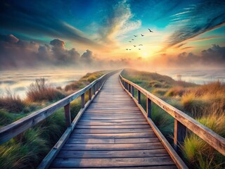 Fototapeta premium Surreal Wooden Walkway to Nowhere: Isolated Surreal Path in Dreamlike Landscape