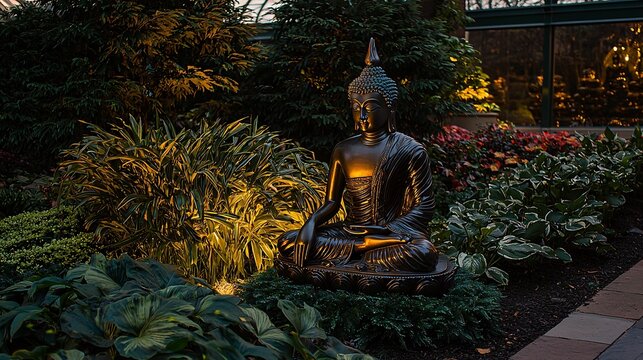 serene Buddha statue in a meditative posture, placed in a lush garden with vibrant greenery and soft natural lighting. Buddha statue in Mahayana Buddhism 