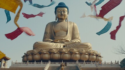 Fototapeta premium large, majestic Buddha statue seated in a lotus position, surrounded by colorful prayer flags fluttering in the wind. Buddha statue in Mahayana Buddhism 