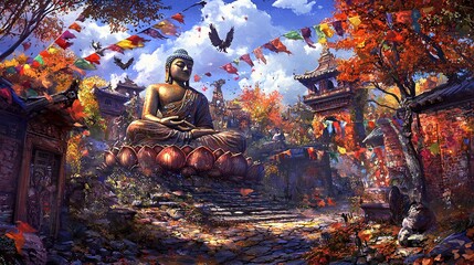large, majestic Buddha statue seated in a lotus position, surrounded by colorful prayer flags fluttering in the wind. Buddha statue in Mahayana Buddhism 